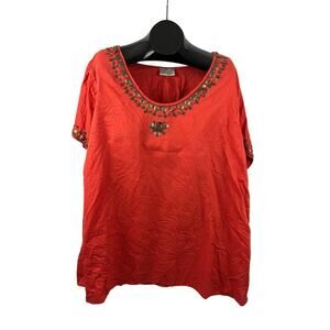 Avenue Women's Orange Linen Blend Metallic Bead Short Sleeve Blouse 3x Plus